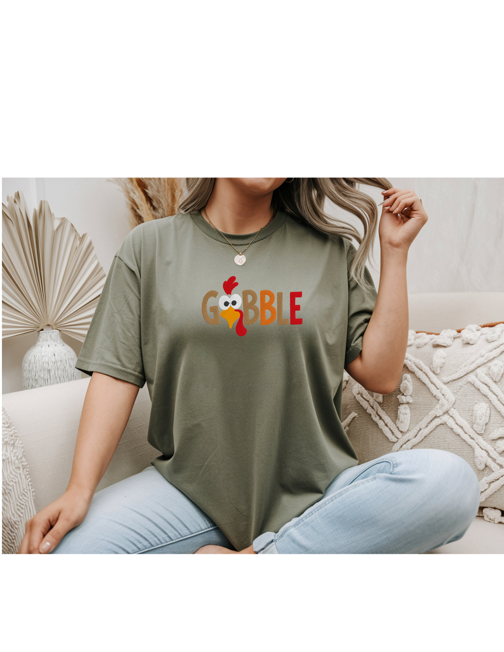 Gobble Turkey Embroidered Shirt | Funny Thanksgiving Gildan Tee | Custom Shirt Color