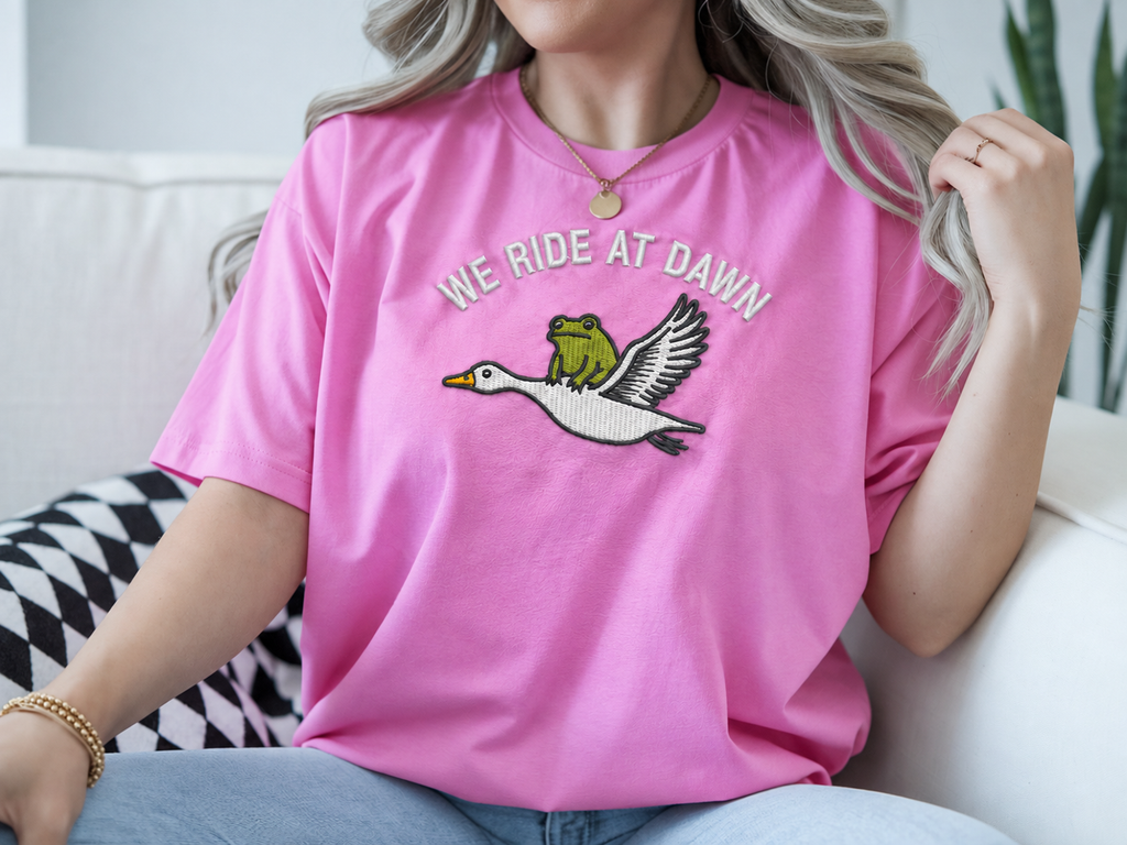 We Ride at Dawn Frog & Goose Embroidered Shirt | Funny Animal Gildan Tee | Custom Shirt Color