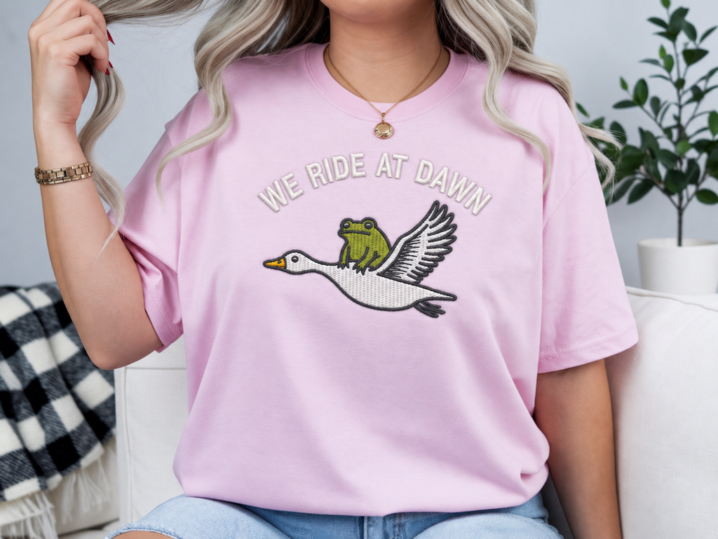We Ride at Dawn Frog & Goose Embroidered Shirt | Funny Animal Gildan Tee | Custom Shirt Color