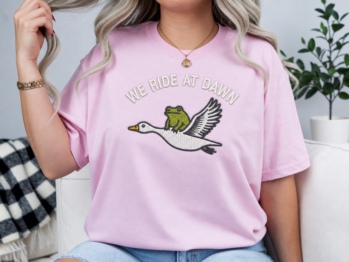 We Ride at Dawn Frog & Goose Embroidered Shirt | Funny Animal Gildan Tee | Custom Shirt Color