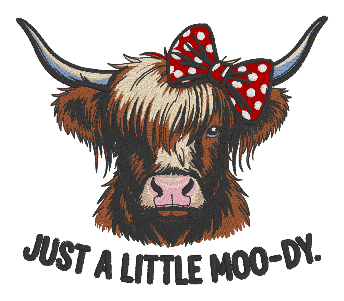 Just a Little Moo-dy Highland Cow Embroidered Shirt | Funny Cow Gildan Tee | Custom Shirt Color