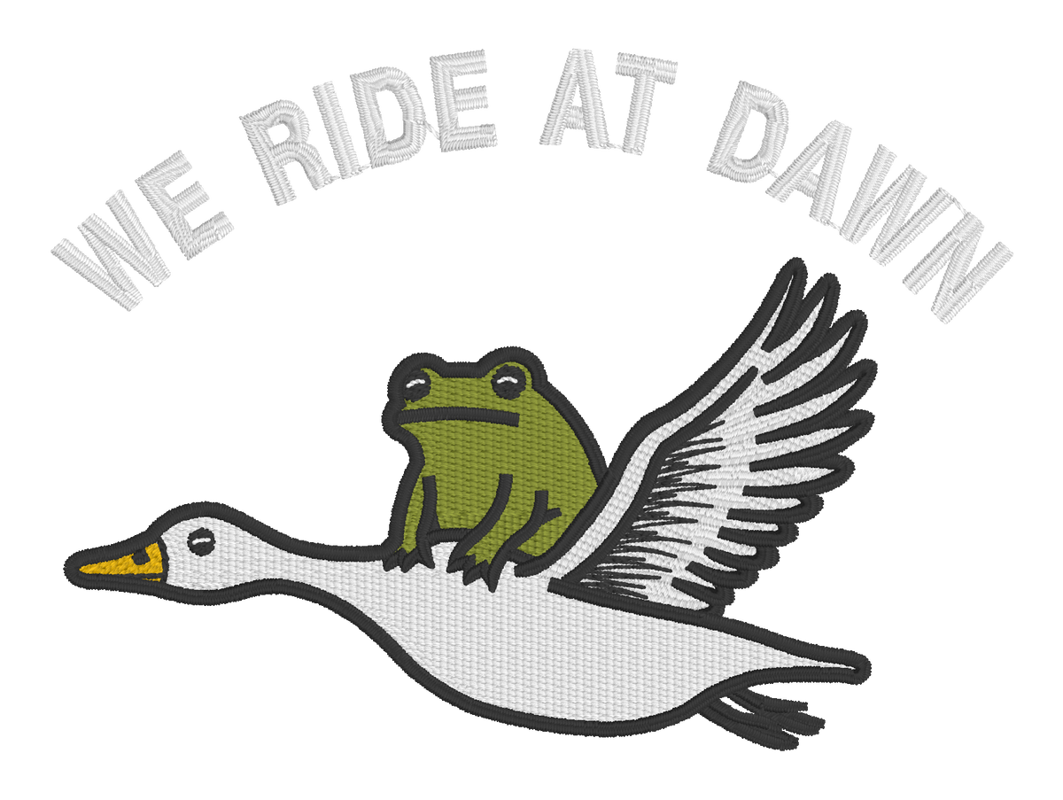 We Ride at Dawn Frog & Goose Embroidered Shirt | Funny Animal Gildan Tee | Custom Shirt Color